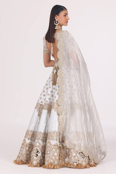 Shop_Abhinav Mishra_Silver Net, Tissue, Brocade Zari, Mirrors, Floral Embellished Bridal Lehenga Set _Online_at_Aza_Fashions