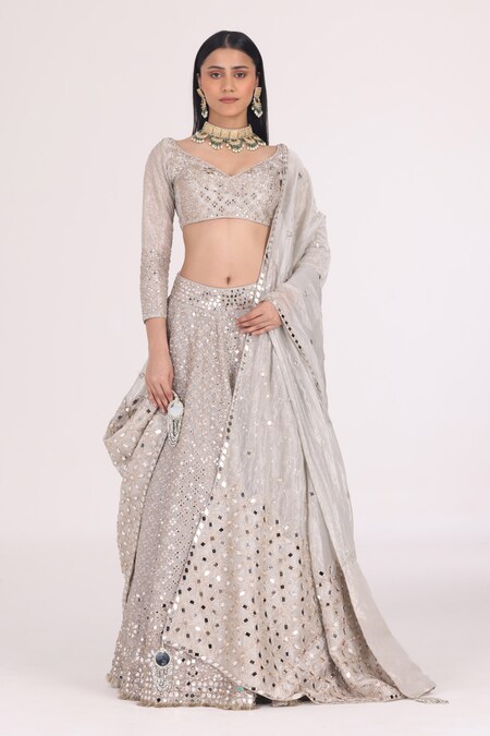 Abhinav Mishra Silver Tissue Embellished Mirror V Neck Gota Bridal Lehenga Set