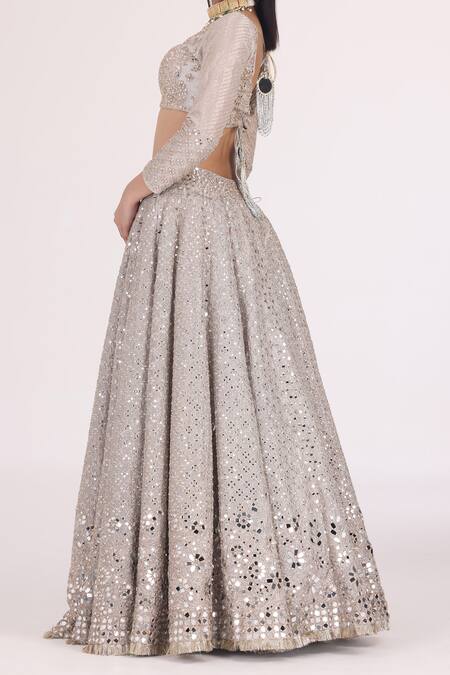 Abhinav Mishra_Silver Tissue Gota Patti, Mirrors, Zari V-neck Embellished Bridal Lehenga Set _Online_at_Aza_Fashions