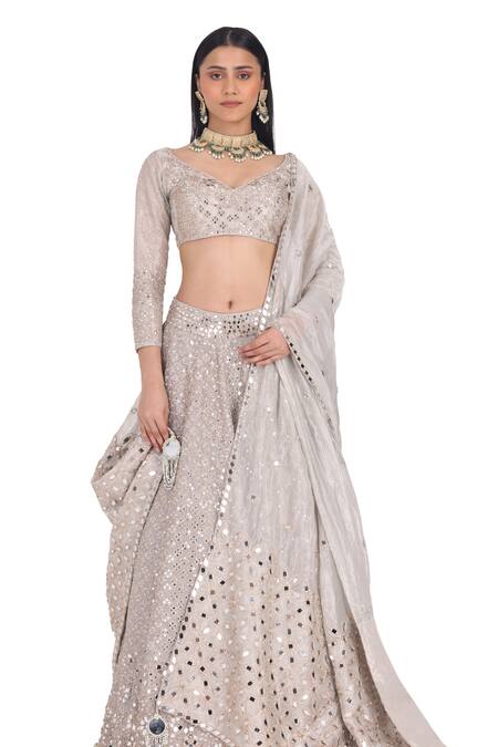 Buy Abhinav Mishra Silver Tissue Gota Patti, Mirrors, Zari V-neck Embellished Bridal Lehenga Set Online at Aza Fashions Buy_Abhinav Mishra_Silver Tissue Gota Patti, Mirrors, Zari V-neck Embellished Bridal Lehenga Set _Online_at_Aza_Fashions