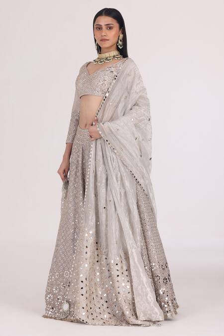 Shop_Abhinav Mishra_Silver Tissue Gota Patti, Mirrors, Zari V-neck Embellished Bridal Lehenga Set _Online_at_Aza_Fashions