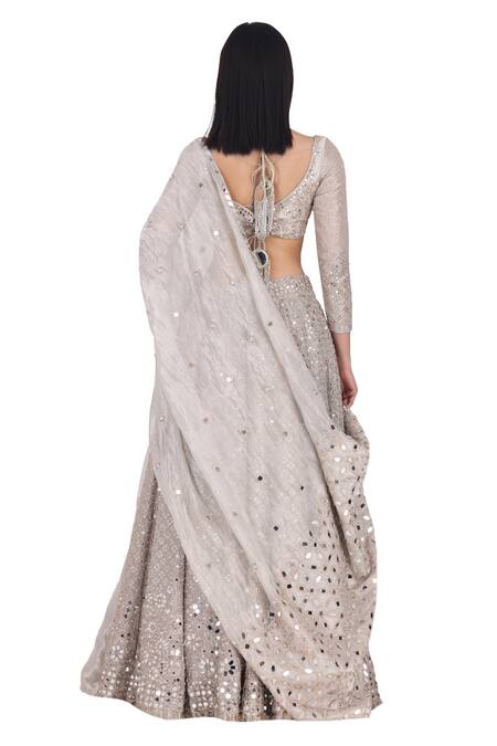 Abhinav Mishra Silver Tissue Gota Patti, Mirrors, Zari V-neck Embellished Bridal Lehenga Set at Aza Fashions Abhinav Mishra_Silver Tissue Gota Patti, Mirrors, Zari V-neck Embellished Bridal Lehenga Set _at_Aza_Fashions