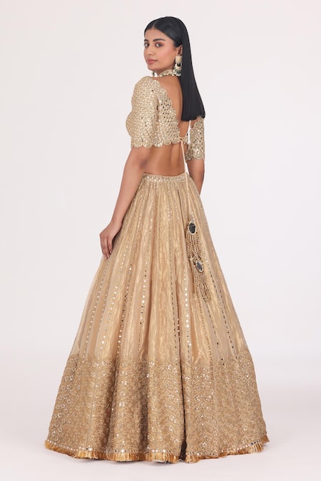 Shop_Abhinav Mishra_Gold Net, Tissue Gota Patti, Mirrors, Zari Stripe Embellished Bridal Lehenga Set _at_Aza_Fashions