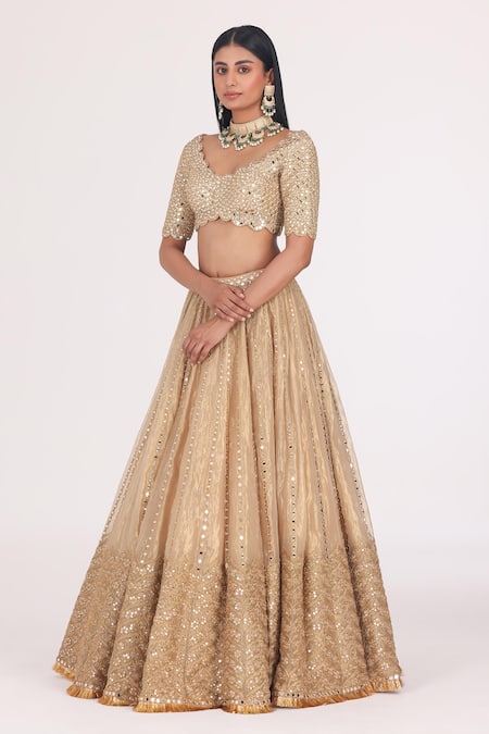 Abhinav Mishra_Gold Net, Tissue Gota Patti, Mirrors, Zari Stripe Embellished Bridal Lehenga Set _Online_at_Aza_Fashions