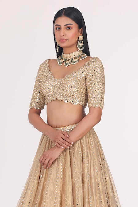 Buy_Abhinav Mishra_Gold Net, Tissue Gota Patti, Mirrors, Zari Stripe Embellished Bridal Lehenga Set _Online_at_Aza_Fashions