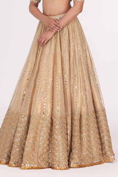 Shop_Abhinav Mishra_Gold Net, Tissue Gota Patti, Mirrors, Zari Stripe Embellished Bridal Lehenga Set _Online_at_Aza_Fashions