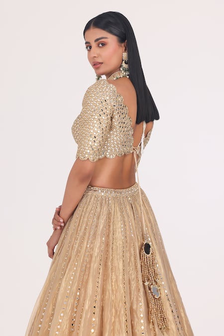 Abhinav Mishra_Gold Net, Tissue Gota Patti, Mirrors, Zari Stripe Embellished Bridal Lehenga Set _at_Aza_Fashions