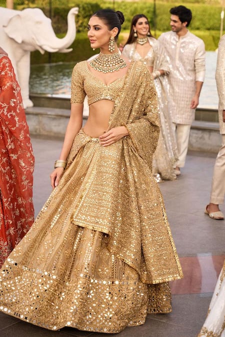 Abhinav Mishra Gold Blouse Net Embellished Mirror V Neck Gota Work Bridal Lehenga Set