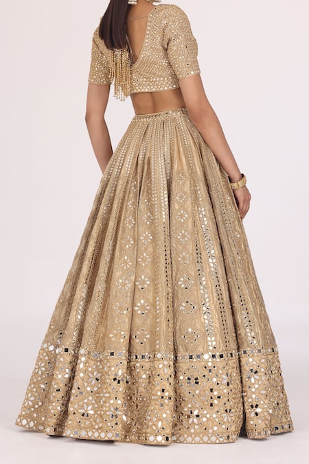 Shop_Abhinav Mishra_Gold Blouse Net Embellished Mirror V Neck Gota Work Bridal Lehenga Set _at_Aza_Fashions
