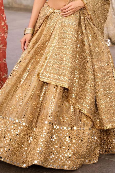 Buy_Abhinav Mishra_Gold Blouse Net Embellished Mirror V Neck Gota Work Bridal Lehenga Set _Online_at_Aza_Fashions