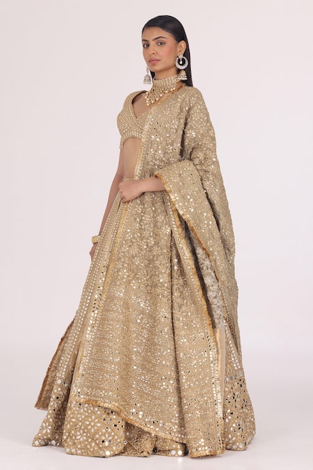 Shop_Abhinav Mishra_Gold Blouse Net Embellished Mirror V Neck Gota Work Bridal Lehenga Set _Online_at_Aza_Fashions