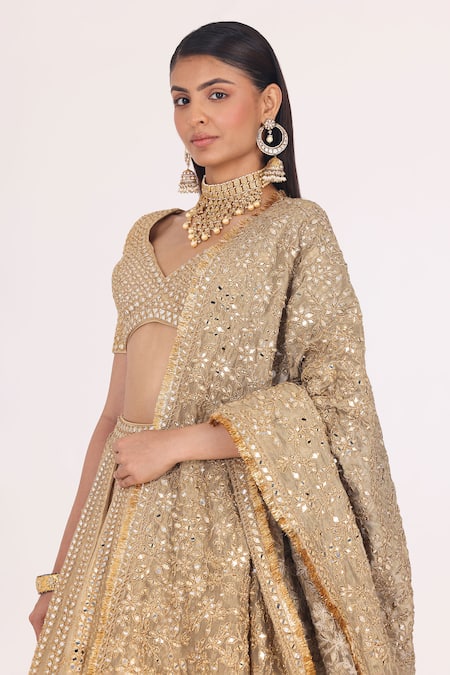 Abhinav Mishra_Gold Blouse Net Embellished Mirror V Neck Gota Work Bridal Lehenga Set _at_Aza_Fashions