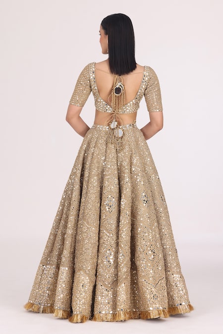 Abhinav Mishra_Gold Blouse Net Embellished Mirror V Neck Zari Bridal Lehenga Set _Online_at_Aza_Fashions