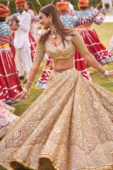 Buy Abhinav Mishra Gold Blouse Net Embellished Mirror V Neck Zari Bridal Lehenga Set Online at Aza Fashions Buy_Abhinav Mishra_Gold Blouse Net Embellished Mirror V Neck Zari Bridal Lehenga Set _Online_at_Aza_Fashions