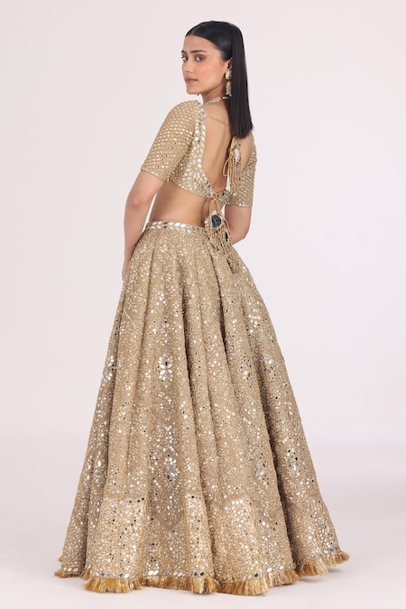 Shop_Abhinav Mishra_Gold Blouse Net Embellished Mirror V Neck Zari Bridal Lehenga Set _Online_at_Aza_Fashions