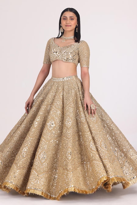 Abhinav Mishra_Gold Blouse Net Embellished Mirror V Neck Zari Bridal Lehenga Set _at_Aza_Fashions