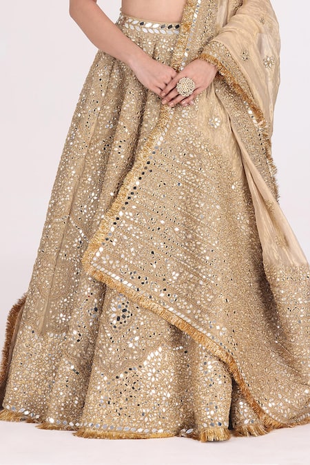 Buy Abhinav Mishra Gold Blouse Net Embellished Mirror V Neck Zari Bridal Lehenga Set Buy_Abhinav Mishra_Gold Blouse Net Embellished Mirror V Neck Zari Bridal Lehenga Set