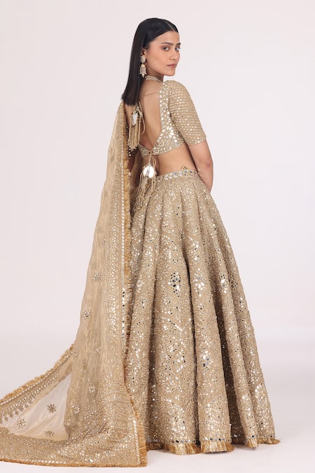 Shop Abhinav Mishra Gold Blouse Net Embellished Mirror V Neck Zari Bridal Lehenga Set Shop_Abhinav Mishra_Gold Blouse Net Embellished Mirror V Neck Zari Bridal Lehenga Set