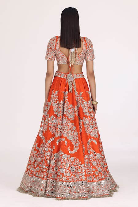 Shop_Abhinav Mishra_Orange Chanderi, Organza Gota Patti, Floral Embroidered Bridal Lehenga Set _at_Aza_Fashions