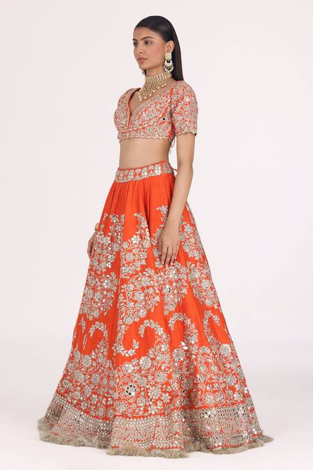 Abhinav Mishra_Orange Chanderi, Organza Gota Patti, Floral Embroidered Bridal Lehenga Set _Online_at_Aza_Fashions