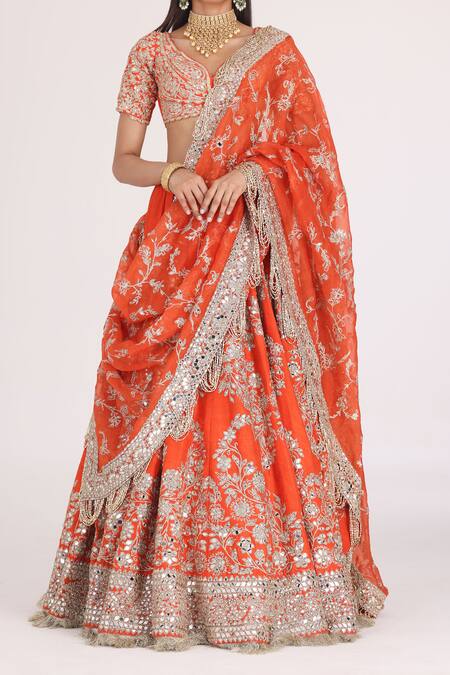 Buy_Abhinav Mishra_Orange Chanderi, Organza Gota Patti, Floral Embroidered Bridal Lehenga Set _Online_at_Aza_Fashions