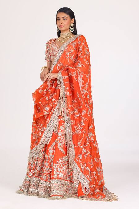 Shop_Abhinav Mishra_Orange Chanderi, Organza Gota Patti, Floral Embroidered Bridal Lehenga Set _Online_at_Aza_Fashions