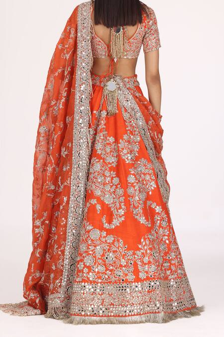 Abhinav Mishra_Orange Chanderi, Organza Gota Patti, Floral Embroidered Bridal Lehenga Set _at_Aza_Fashions