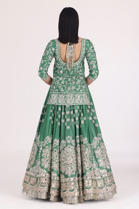 Shop_Abhinav Mishra_Emerald Green Chanderi, Organza Gota Patti, Floral Embellished Kurta Lehenga Set _Online_at_Aza_Fashions