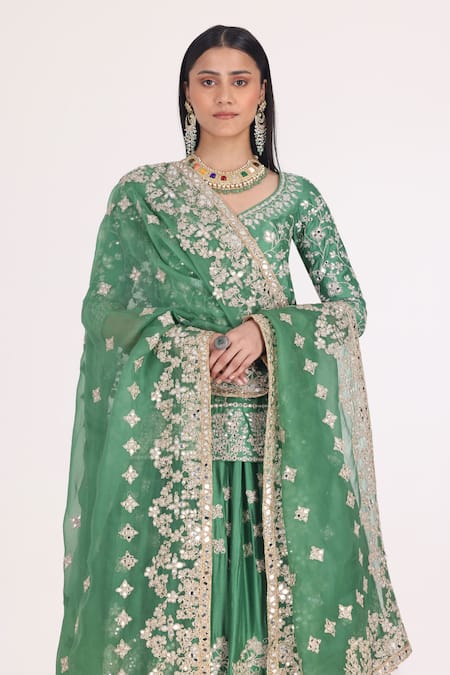 Abhinav Mishra_Emerald Green Chanderi, Organza Gota Patti, Floral Embellished Kurta Lehenga Set _at_Aza_Fashions