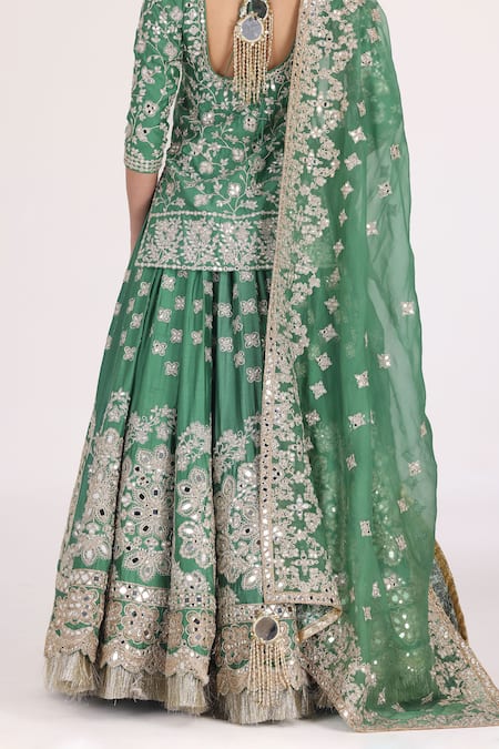 Shop_Abhinav Mishra_Emerald Green Chanderi, Organza Gota Patti, Floral Embellished Kurta Lehenga Set 