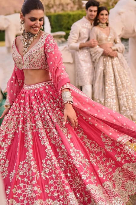 Abhinav Mishra_Fuchsia Chanderi, Organza Gota Patti, Mirrors, Embroidered Bridal Lehenga Set _Online_at_Aza_Fashions