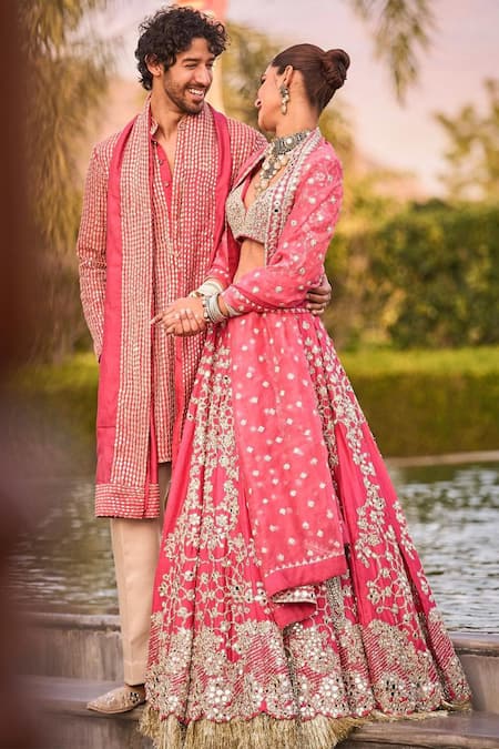 Shop_Abhinav Mishra_Fuchsia Chanderi, Organza Gota Patti, Mirrors, Embroidered Bridal Lehenga Set _Online_at_Aza_Fashions