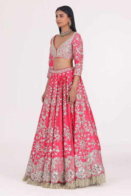 Buy_Abhinav Mishra_Fuchsia Chanderi, Organza Gota Patti, Mirrors, Embroidered Bridal Lehenga Set 