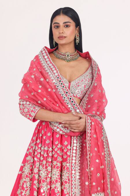 Shop_Abhinav Mishra_Fuchsia Chanderi, Organza Gota Patti, Mirrors, Embroidered Bridal Lehenga Set 