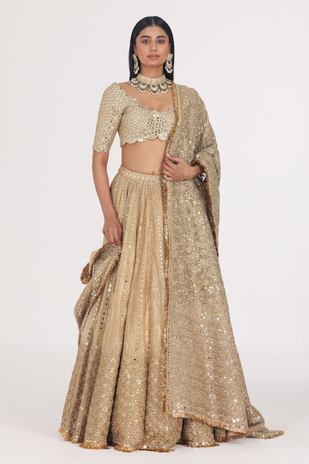 Abhinav Mishra Gold Blouse Net Embellished Mirror Cutwork Bridal Lehenga Set
