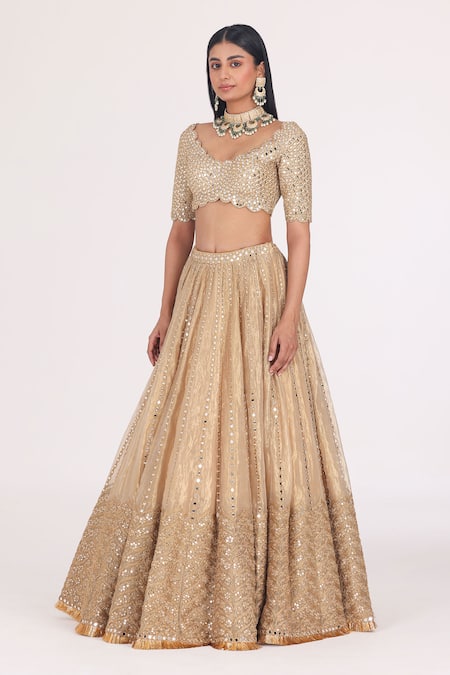 Shop_Abhinav Mishra_Gold Net, Tissue Embroidery, Gota Patti, Sequins, Embellished Bridal Lehenga Set _at_Aza_Fashions