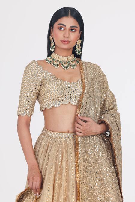 Shop_Abhinav Mishra_Gold Net, Tissue Embroidery, Gota Patti, Sequins, Embellished Bridal Lehenga Set _Online_at_Aza_Fashions