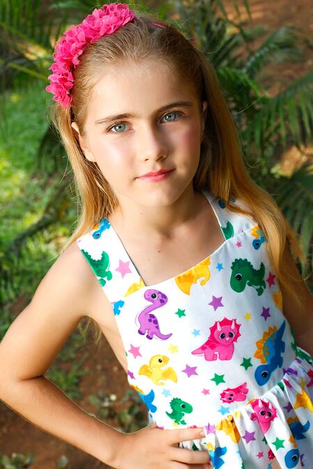 Buy_JILMIL DREAMWEAR_White Cotton Dinosaur Print Dress 