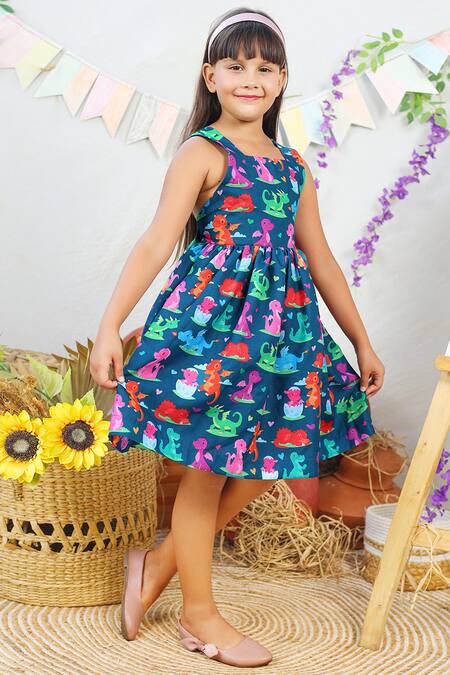 JILMIL DREAMWEAR_Blue Cotton Dinosaur Print Dress _Online_at_Aza_Fashions