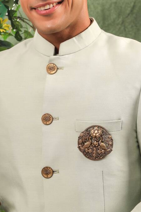 Cosa Nostraa_Gold Cut Work Peacock Parade Brooch _Online_at_Aza_Fashions