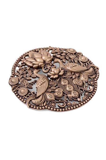 Cosa Nostraa_Gold Cut Work Peacock Parade Brooch _at_Aza_Fashions