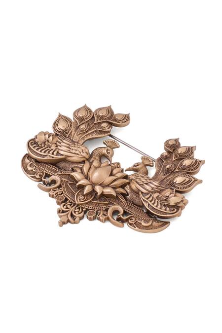 Shop Cosa Nostraa Gold Cut Work Precious Peacock Brooch Online at Aza Fashions Shop_Cosa Nostraa_Gold Cut Work Precious Peacock Brooch _Online_at_Aza_Fashions
