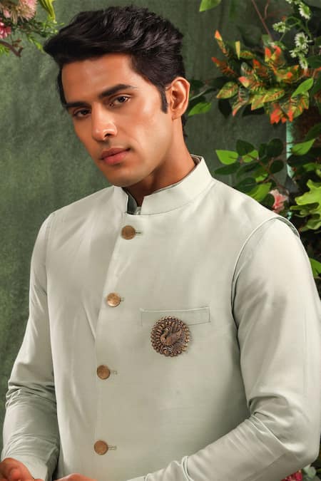 Shop_Cosa Nostraa_Gold Cut Work Dancing Peacock Brooch _at_Aza_Fashions