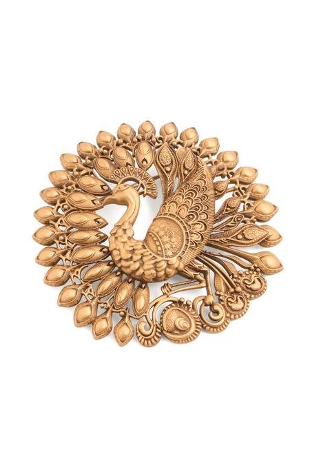 Shop_Cosa Nostraa_Gold Cut Work Dancing Peacock Brooch _Online_at_Aza_Fashions