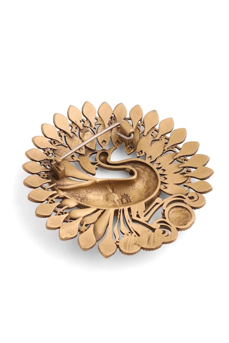 Cosa Nostraa_Gold Cut Work Dancing Peacock Brooch _at_Aza_Fashions