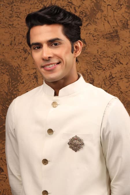 Shop_Cosa Nostraa_Gold Crystals, Pearls Luxe Lotus Brooch _at_Aza_Fashions