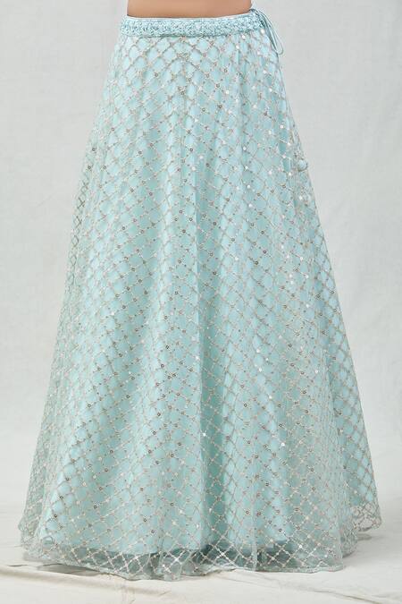 Meenagurnam Blue Net Embroidery, Zari V-neck Checkered Lehenga Set Online at Aza Fashions Meenagurnam_Blue Net Embroidery, Zari V-neck Checkered Lehenga Set _Online_at_Aza_Fashions