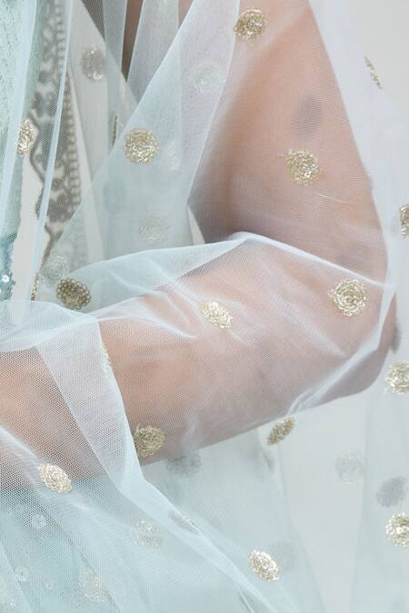 Buy Meenagurnam Blue Net Embroidery, Zari V-neck Checkered Lehenga Set Online at Aza Fashions Buy_Meenagurnam_Blue Net Embroidery, Zari V-neck Checkered Lehenga Set _Online_at_Aza_Fashions