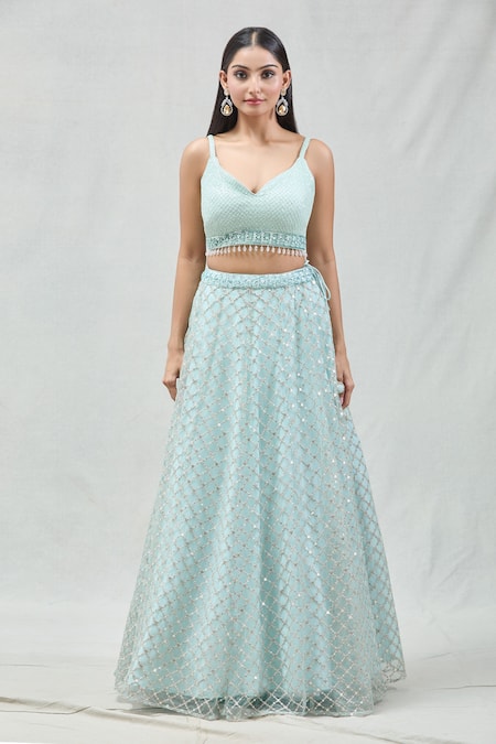 Shop Meenagurnam Blue Net Embroidery, Zari V-neck Checkered Lehenga Set Online at Aza Fashions Shop_Meenagurnam_Blue Net Embroidery, Zari V-neck Checkered Lehenga Set _Online_at_Aza_Fashions