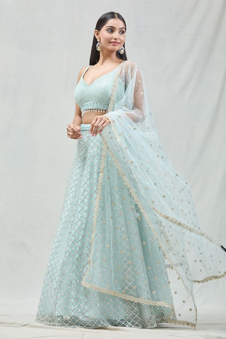 Meenagurnam Blue Net Embroidery, Zari V-neck Checkered Lehenga Set at Aza Fashions Meenagurnam_Blue Net Embroidery, Zari V-neck Checkered Lehenga Set _at_Aza_Fashions